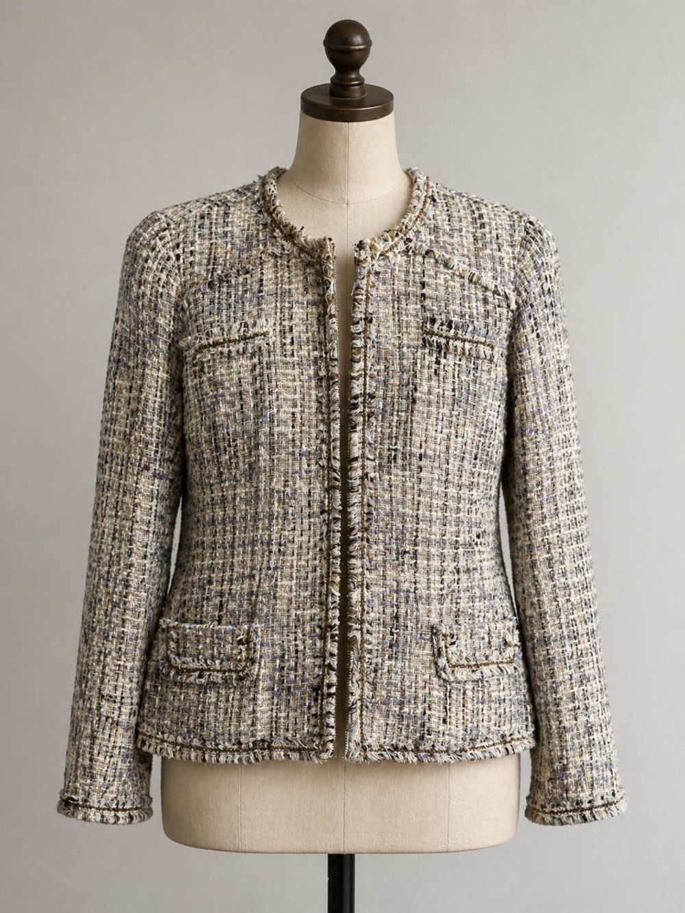 Chico’s Tweed Bouclé Jacket Frayed Trim Zip Front Neutral Size 3